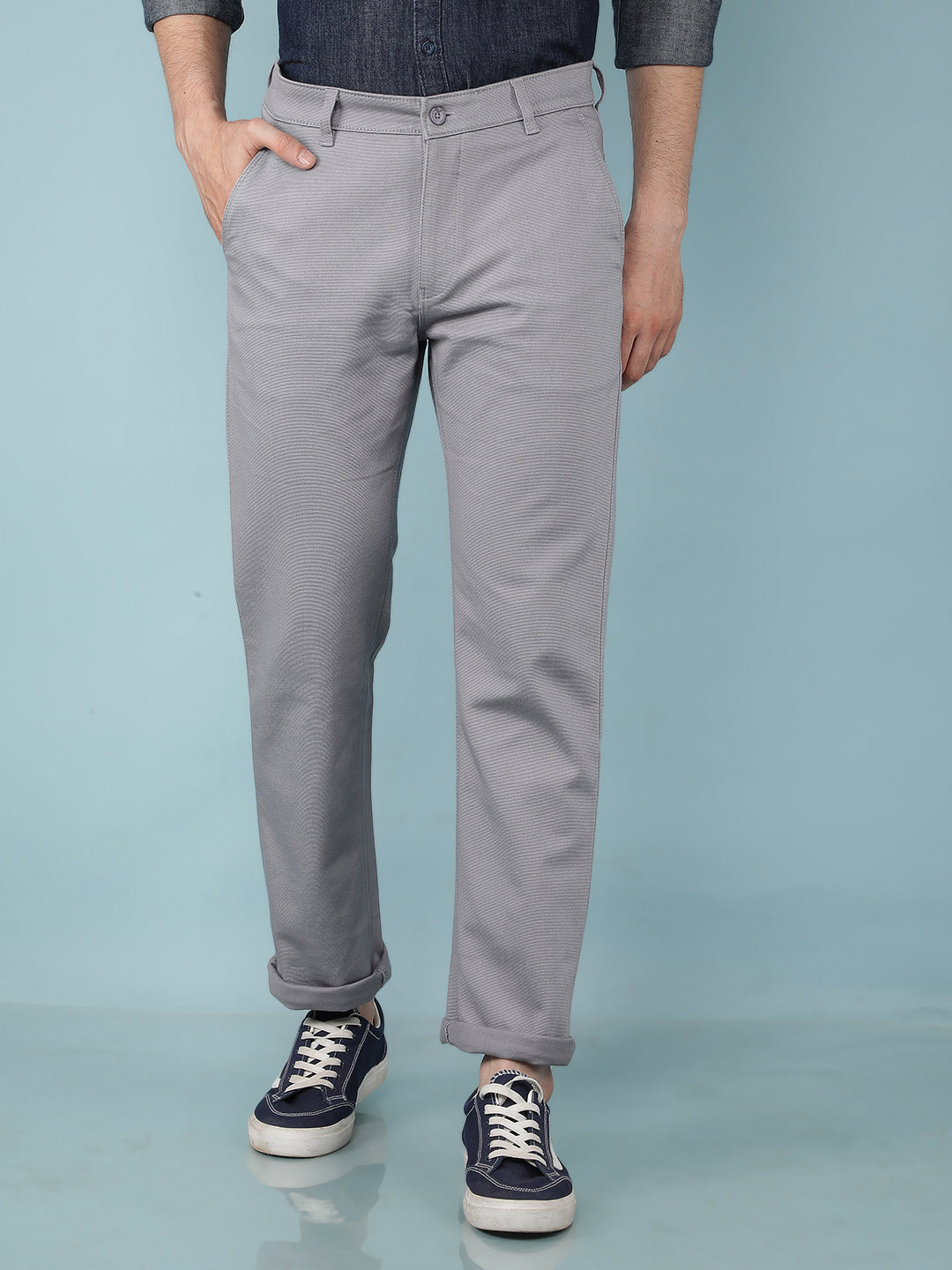 Grey Printed Dobby Straight Trousers-Men Trousers-Crimsoune Club