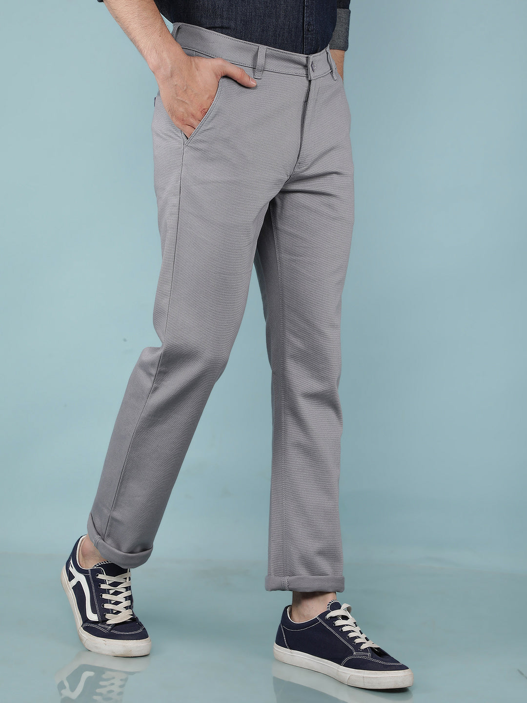 Grey Printed Dobby Straight Trousers-Men Trousers-Crimsoune Club