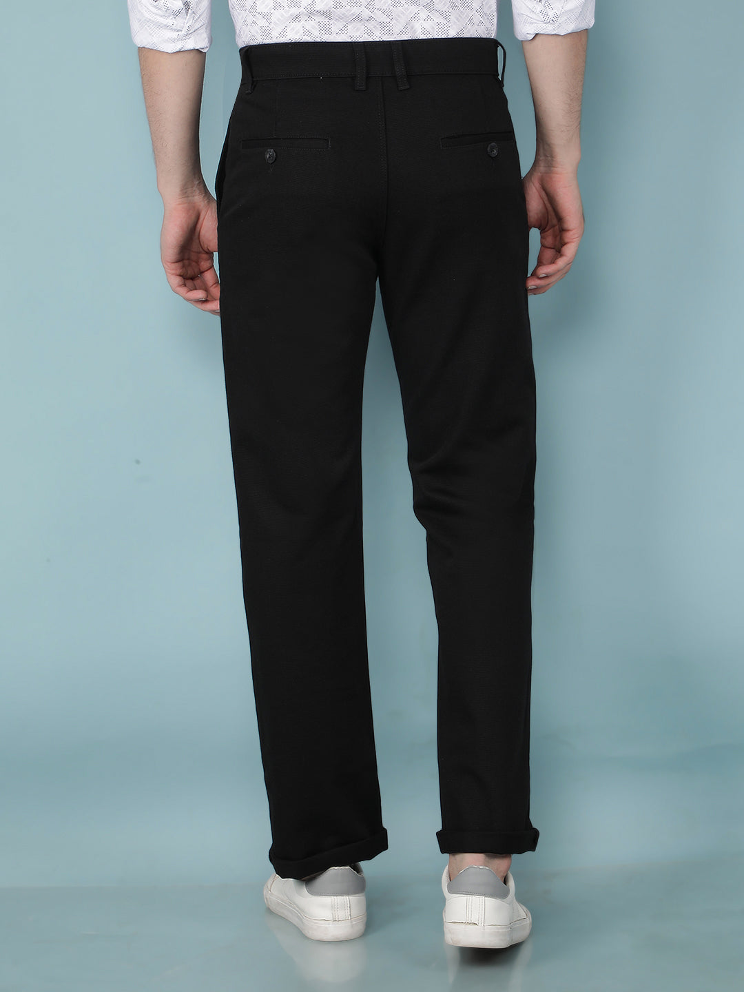 Black Printed Dobby Straight Trousers-Men Trousers-Crimsoune Club