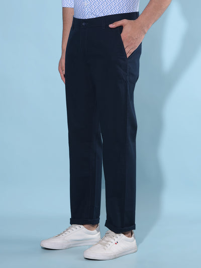 Navy Blue Straight Stretchable Trousers-Men Trousers-Crimsoune Club