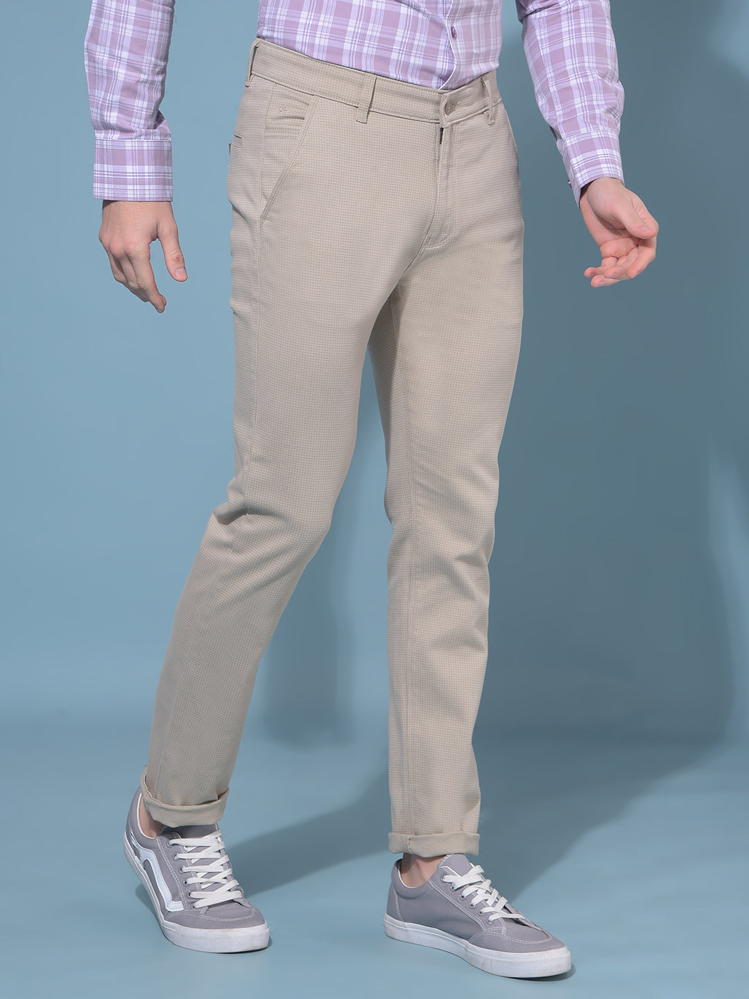 Beige Stretchable Printed Trousers-Men Trousers-Crimsoune Club