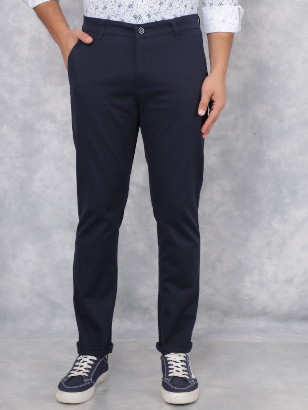 Navy Blue Printed Dobby Trousers-Men Trousers-Crimsoune Club