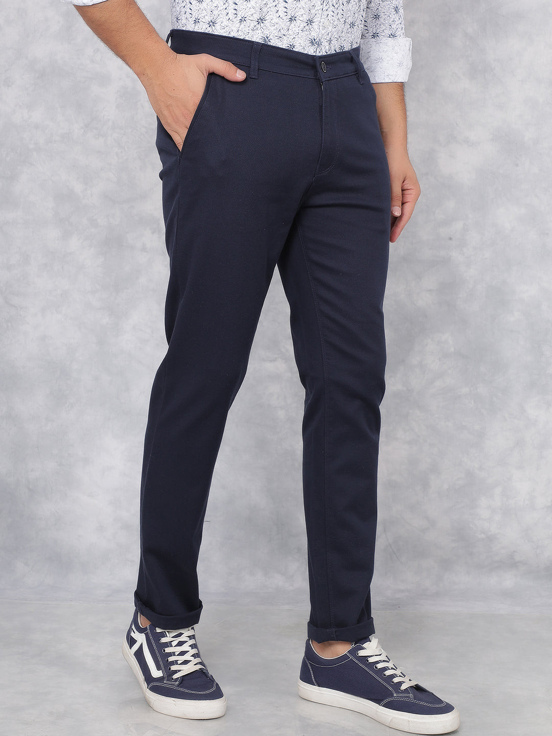 Navy Blue Printed Dobby Trousers-Men Trousers-Crimsoune Club