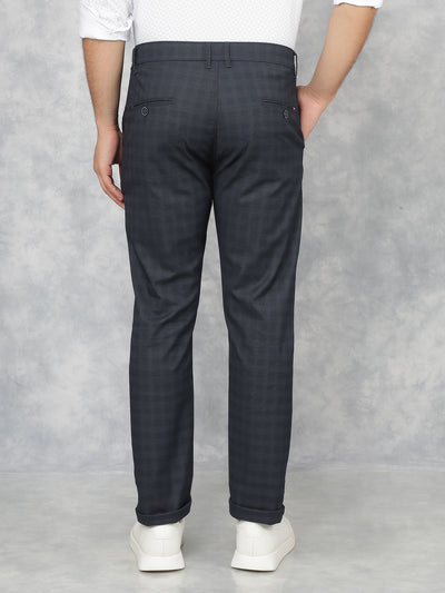 Navy Blue Checkered Chinos Trousers-Men Trousers-Crimsoune Club