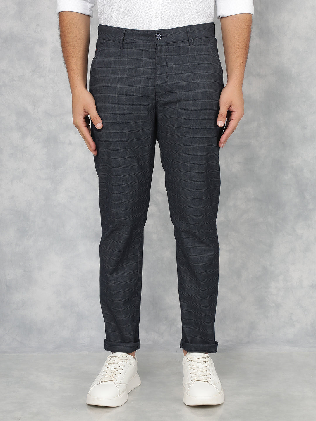 Navy Blue Checkered Chinos Trousers-Men Trousers-Crimsoune Club