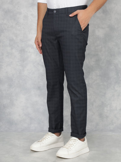 Navy Blue Checkered Chinos Trousers-Men Trousers-Crimsoune Club