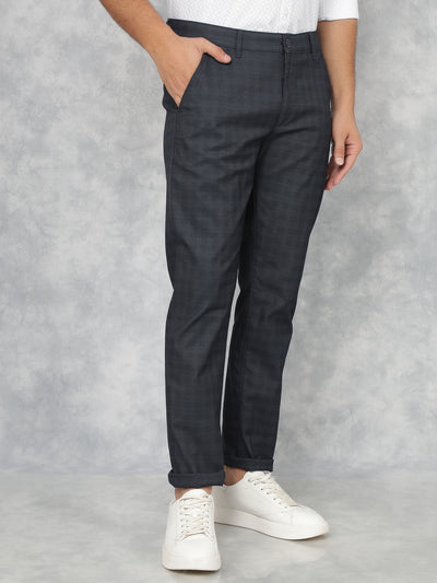 Navy Blue Checkered Chinos Trousers-Men Trousers-Crimsoune Club