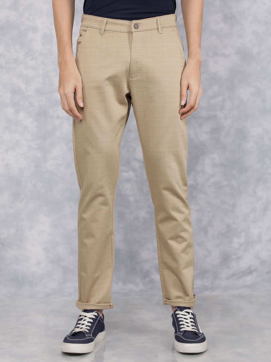 Beige Checkered Chinos Trousers-Men Trousers-Crimsoune Club