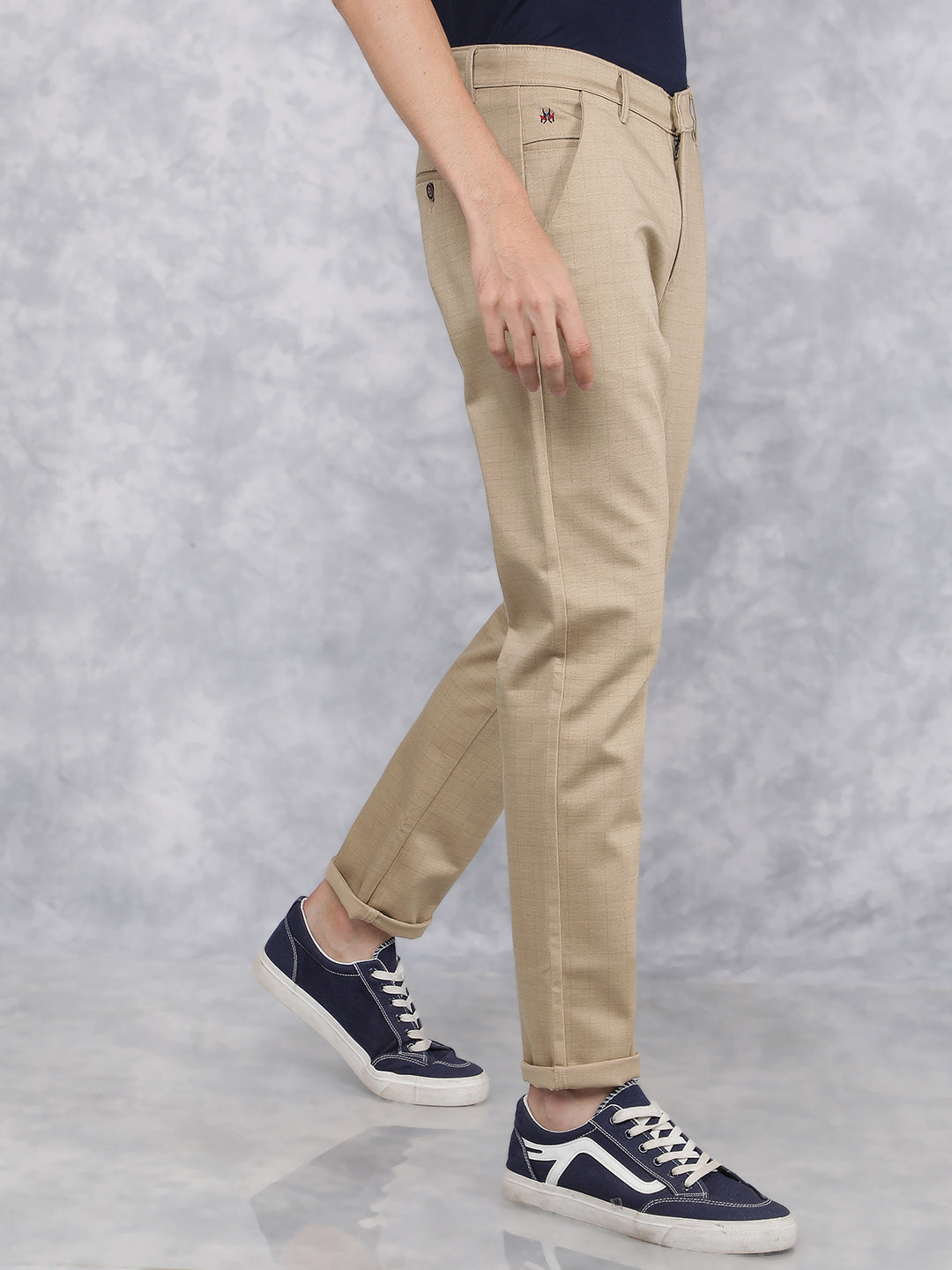 Beige Checkered Chinos Trousers-Men Trousers-Crimsoune Club