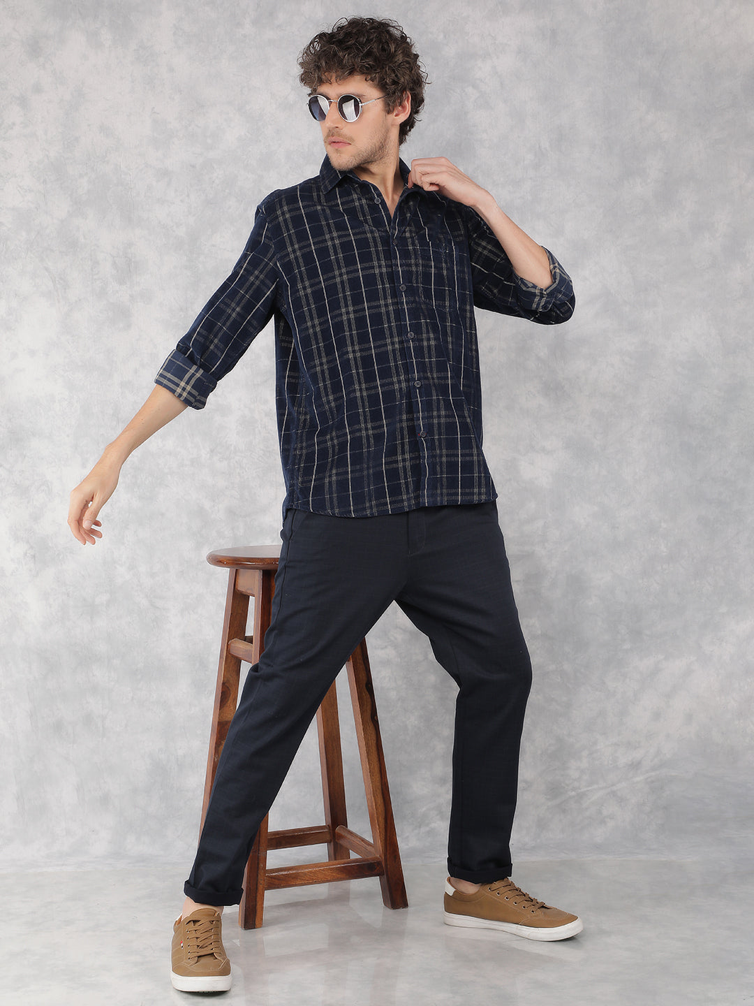 Navy Blue Checkered Chinos Trousers-Men Trousers-Crimsoune Club