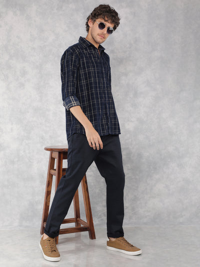 Navy Blue Checkered Chinos Trousers-Men Trousers-Crimsoune Club