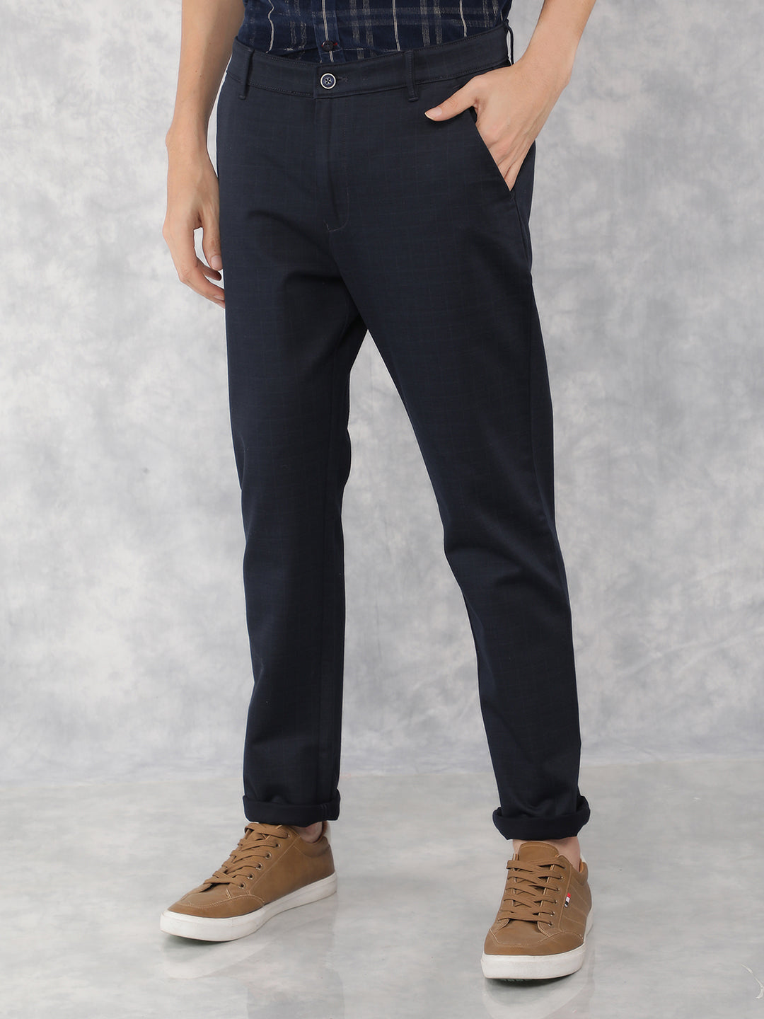 Navy Blue Checkered Chinos Trousers-Men Trousers-Crimsoune Club