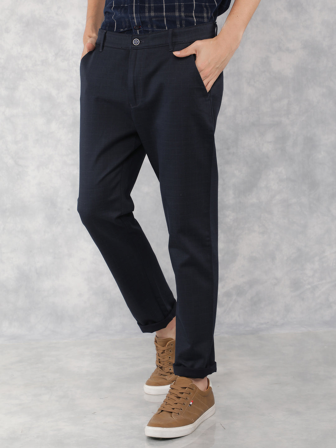 Navy Blue Checkered Chinos Trousers-Men Trousers-Crimsoune Club