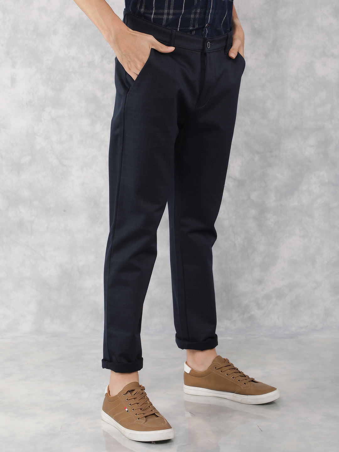 Navy Blue Checkered Chinos Trousers-Men Trousers-Crimsoune Club