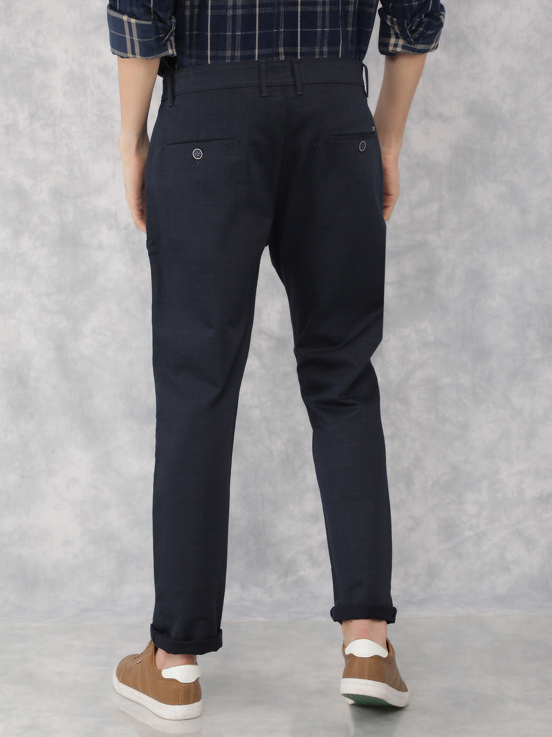 Navy Blue Checkered Chinos Trousers-Men Trousers-Crimsoune Club