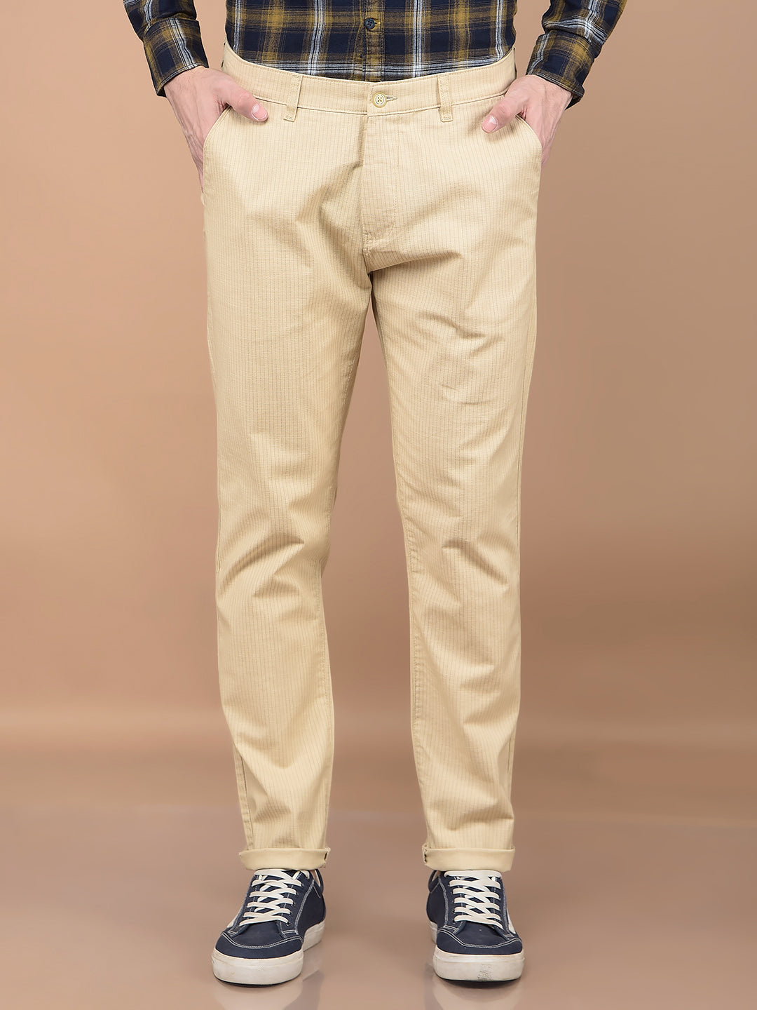 Beige Vertical Stripes Trousers