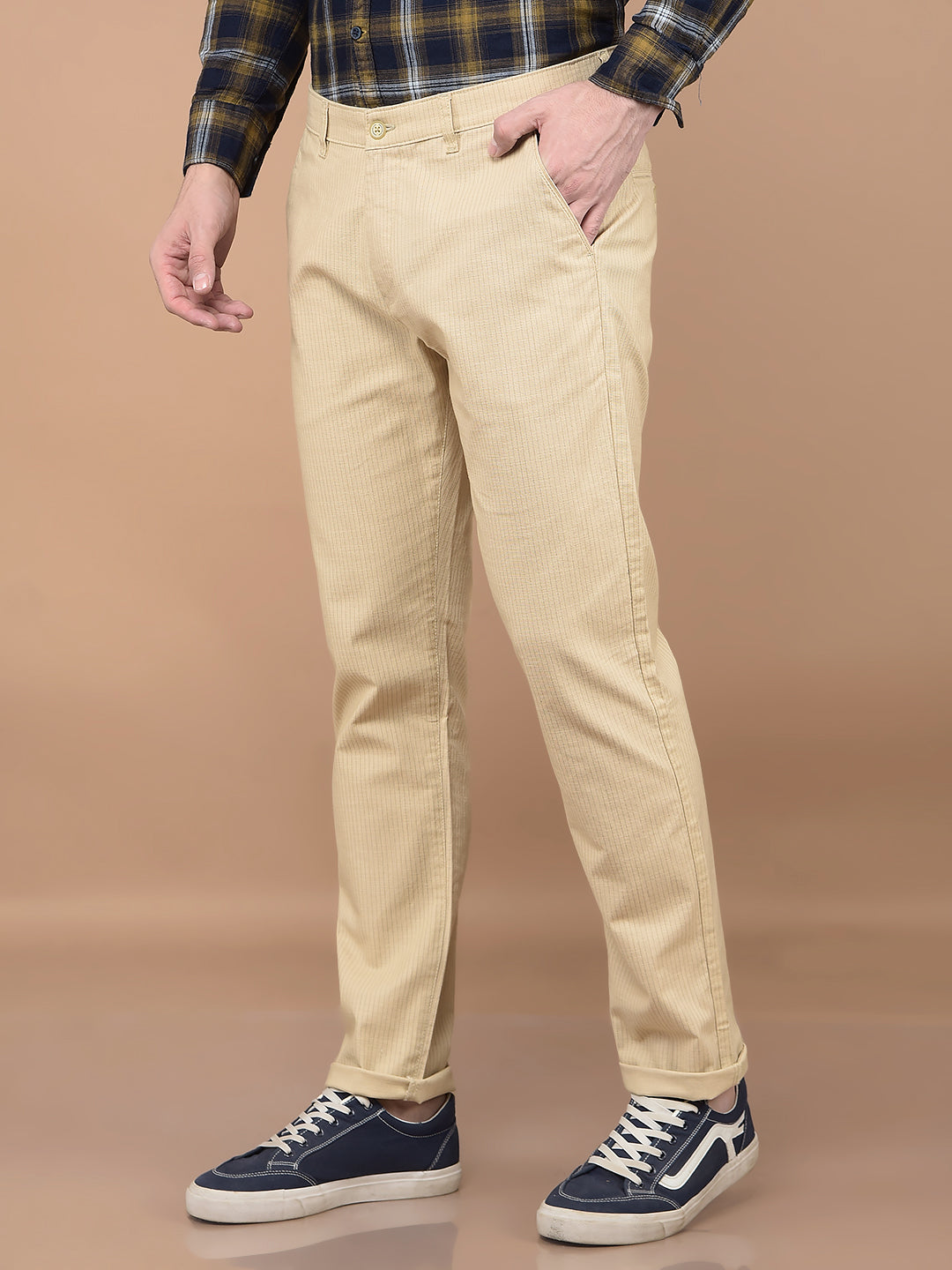 Beige Vertical Stripes Trousers