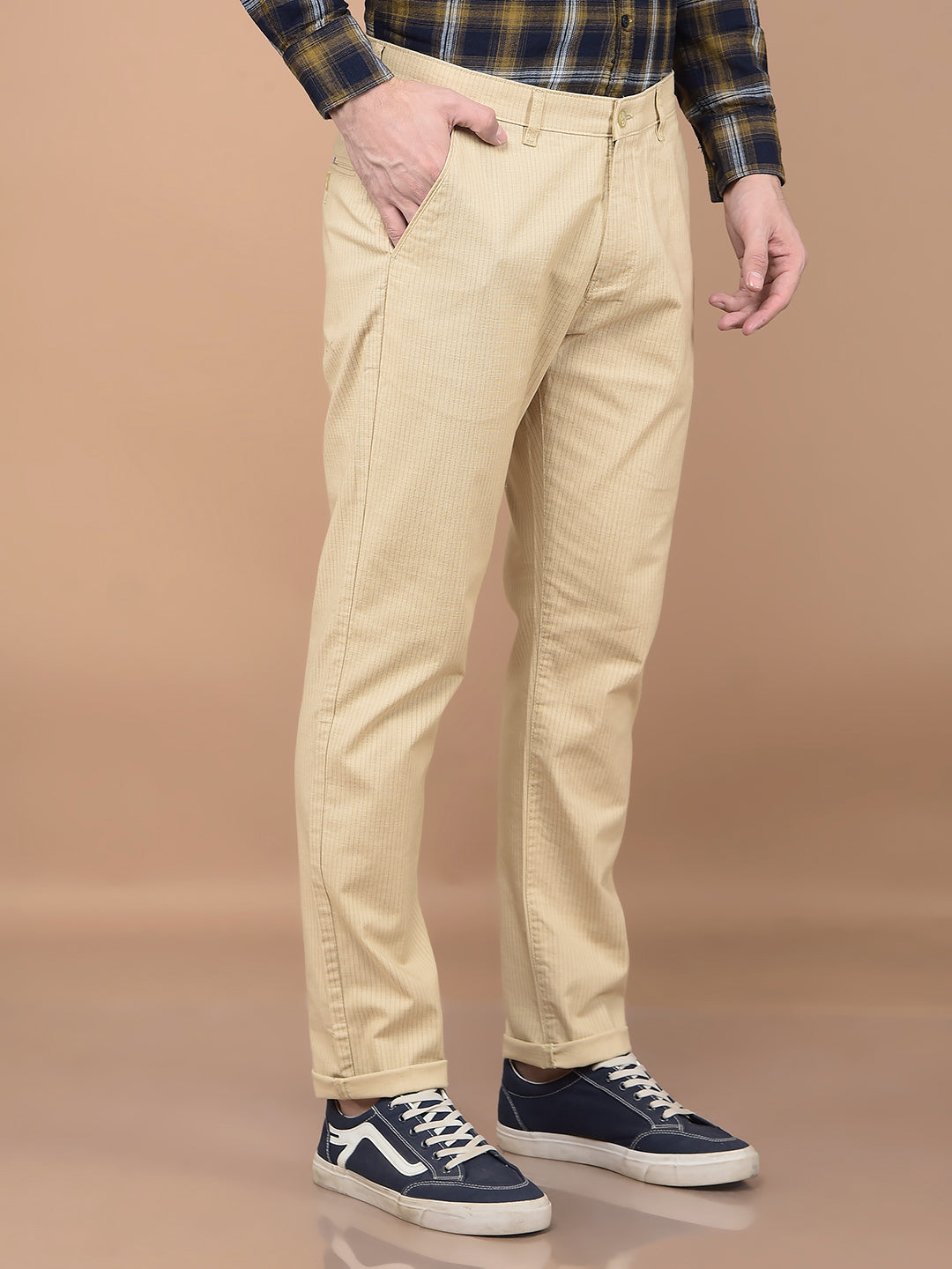 Beige Vertical Stripes Trousers