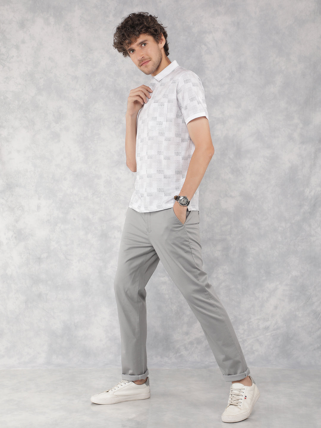 Grey Printed Chinos Trousers-Men Trousers-Crimsoune Club