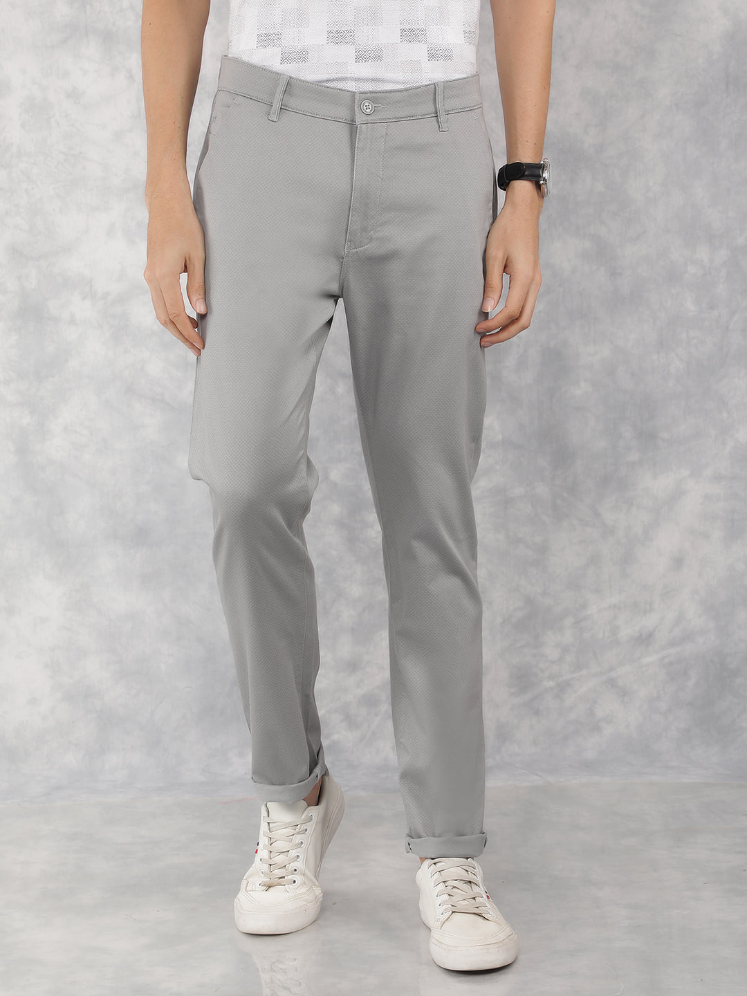 Grey Printed Chinos Trousers-Men Trousers-Crimsoune Club