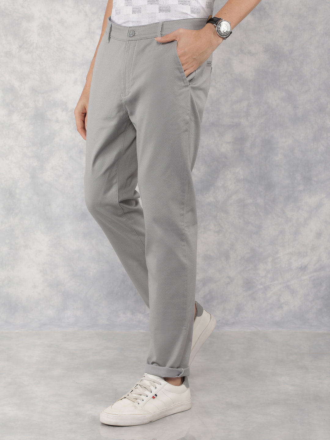 Grey Printed Chinos Trousers-Men Trousers-Crimsoune Club