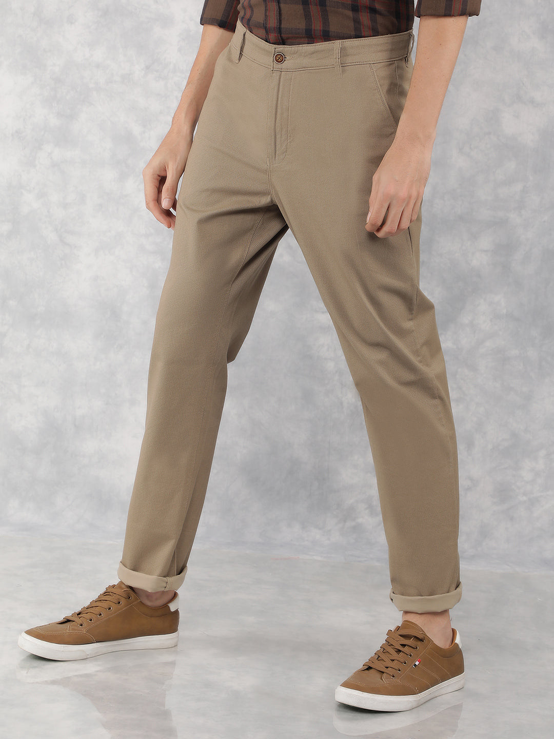 Beige Printed Chinos Trousers-Men Trousers-Crimsoune Club