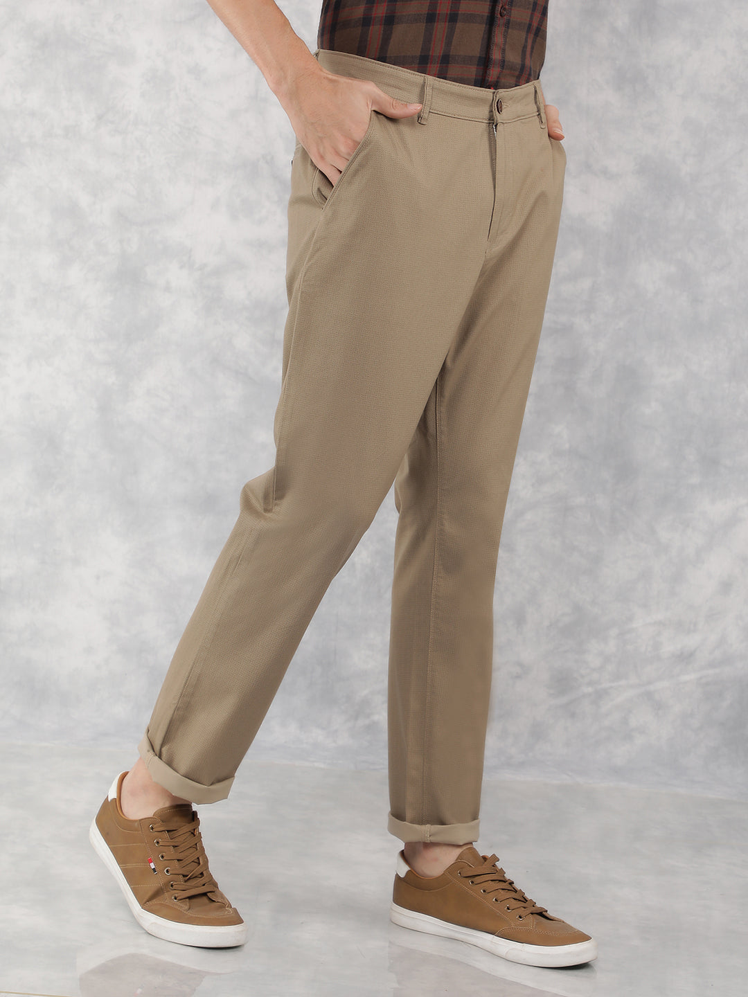 Beige Printed Chinos Trousers-Men Trousers-Crimsoune Club