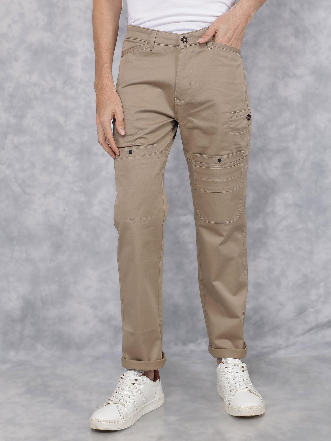 Khaki Cargo Trousers-Men Trousers-Crimsoune Club