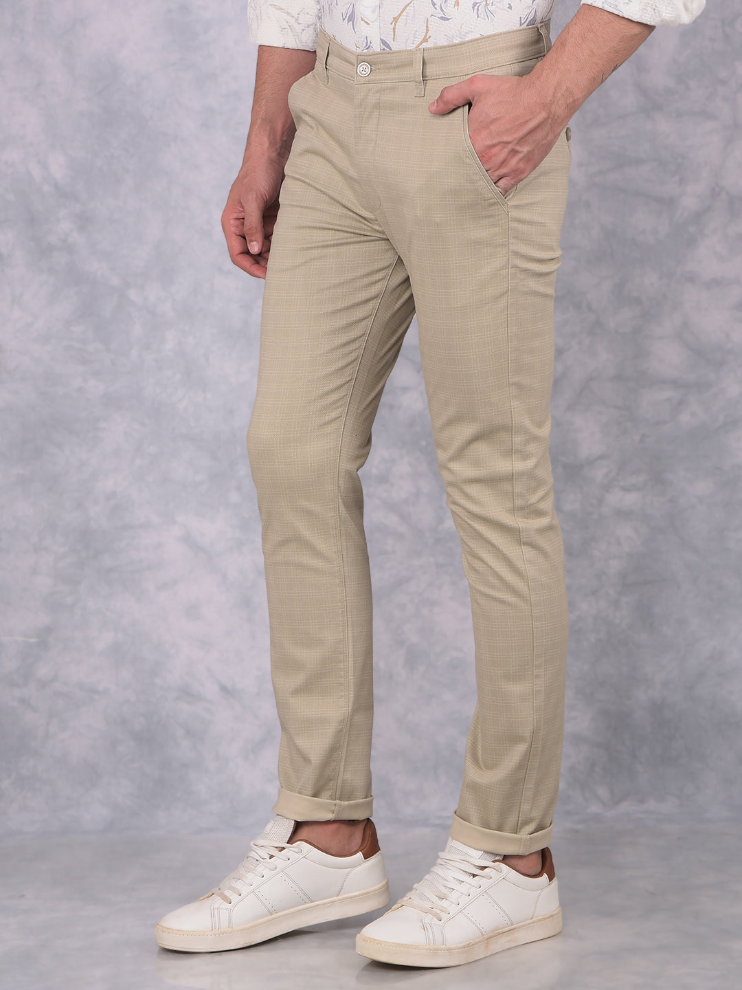 Beige Checked Trousers-Men Trousers-Crimsoune Club