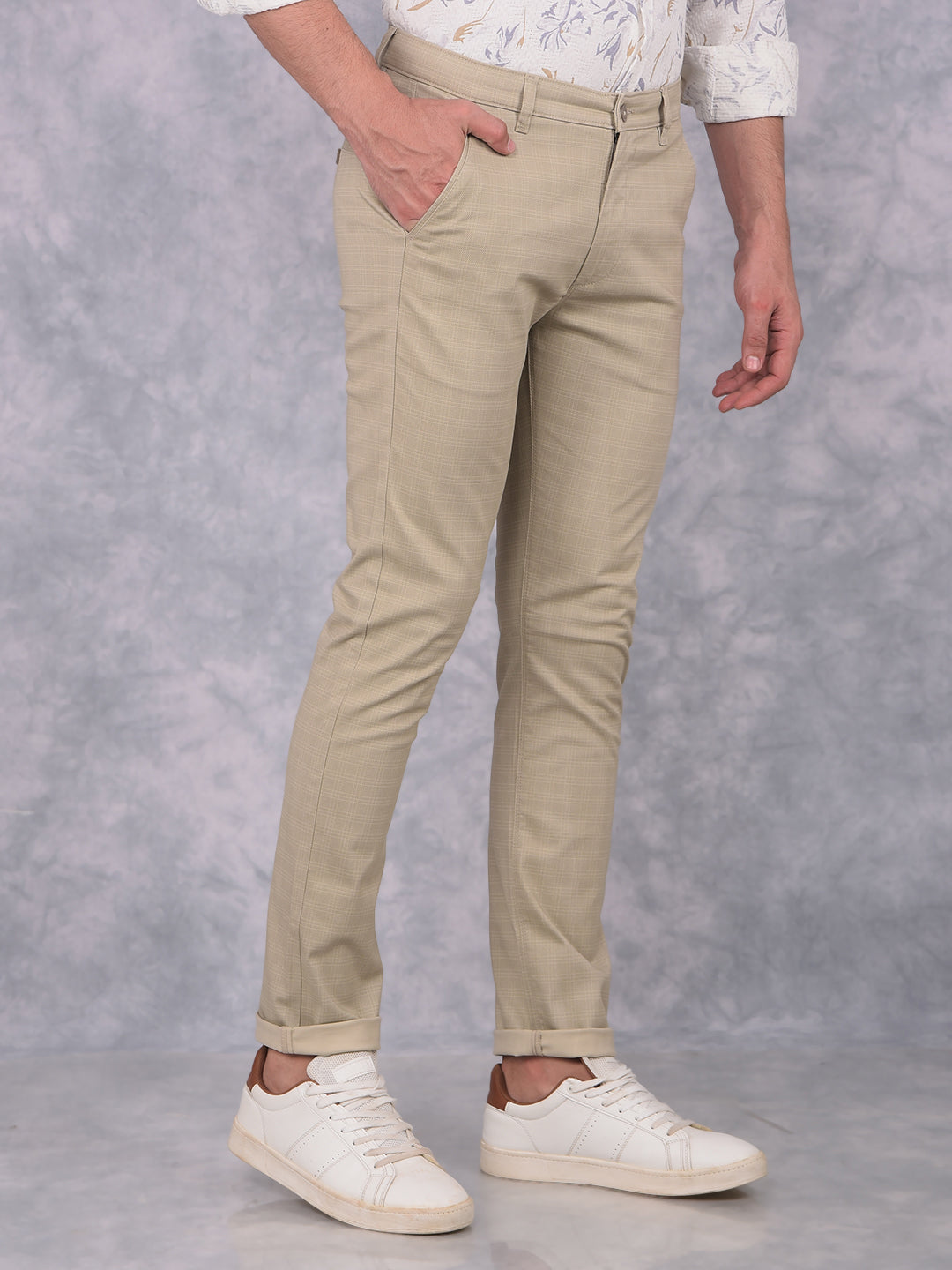 Beige Checked Trousers-Men Trousers-Crimsoune Club