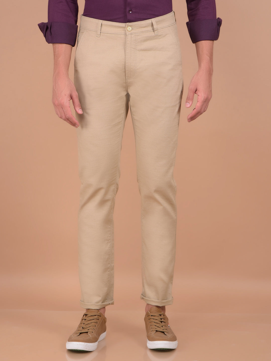 Beige 100% Cotton Trousers-Men Trousers-Crimsoune Club