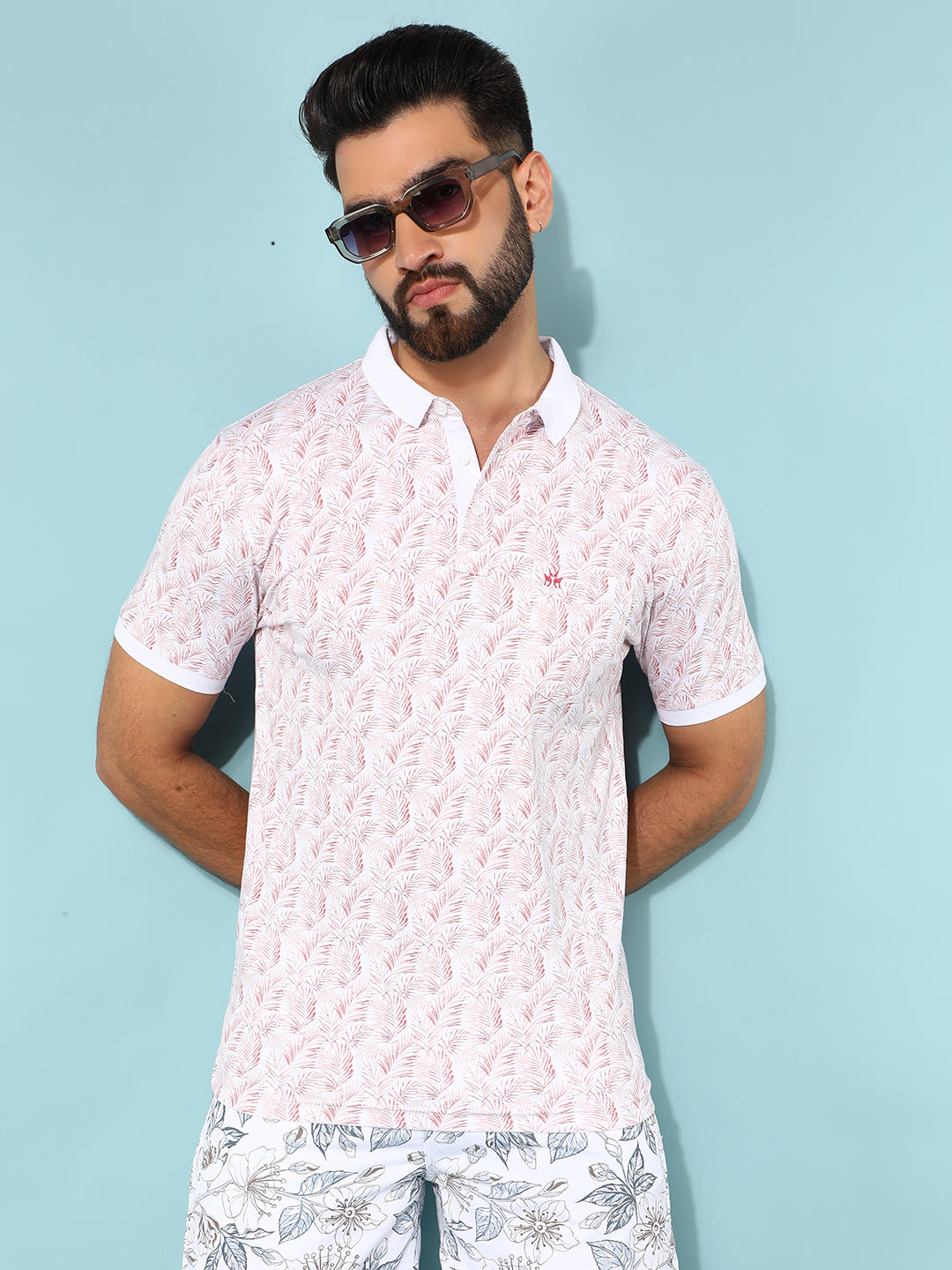 Pink Floral Print Polo T-Shirt-Men T-Shirts-Crimsoune Club