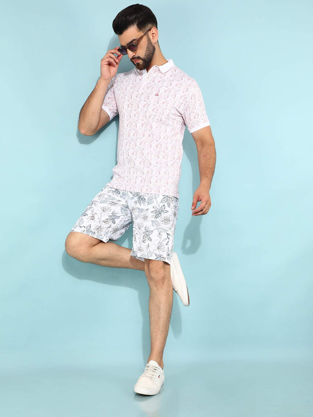 Pink Floral Print Polo T-Shirt-Men T-Shirts-Crimsoune Club