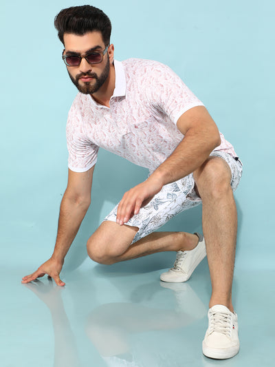 Pink Floral Print Polo T-Shirt-Men T-Shirts-Crimsoune Club