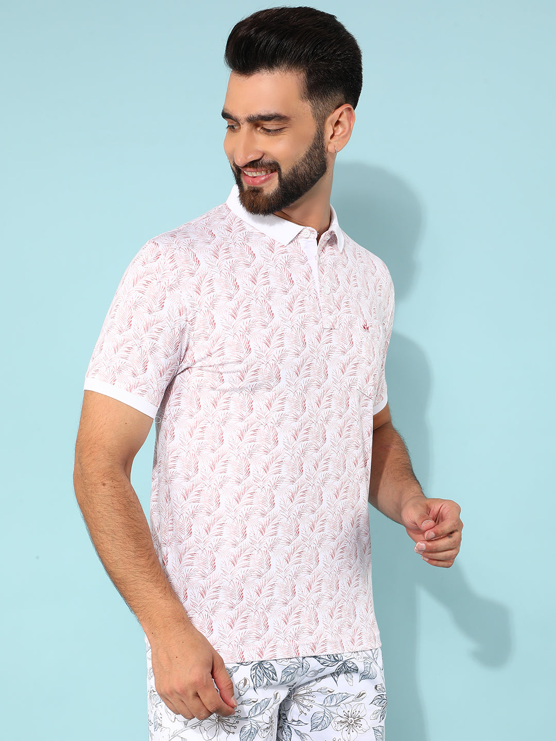 Pink Floral Print Polo T-Shirt-Men T-Shirts-Crimsoune Club