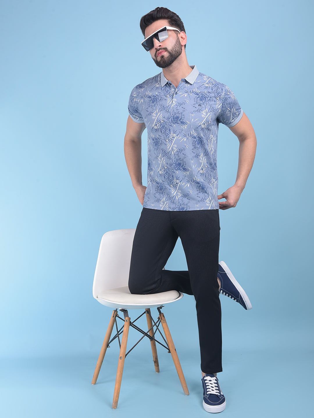 Blue Floral Print T-Shirt-Men T-Shirts-Crimsoune Club