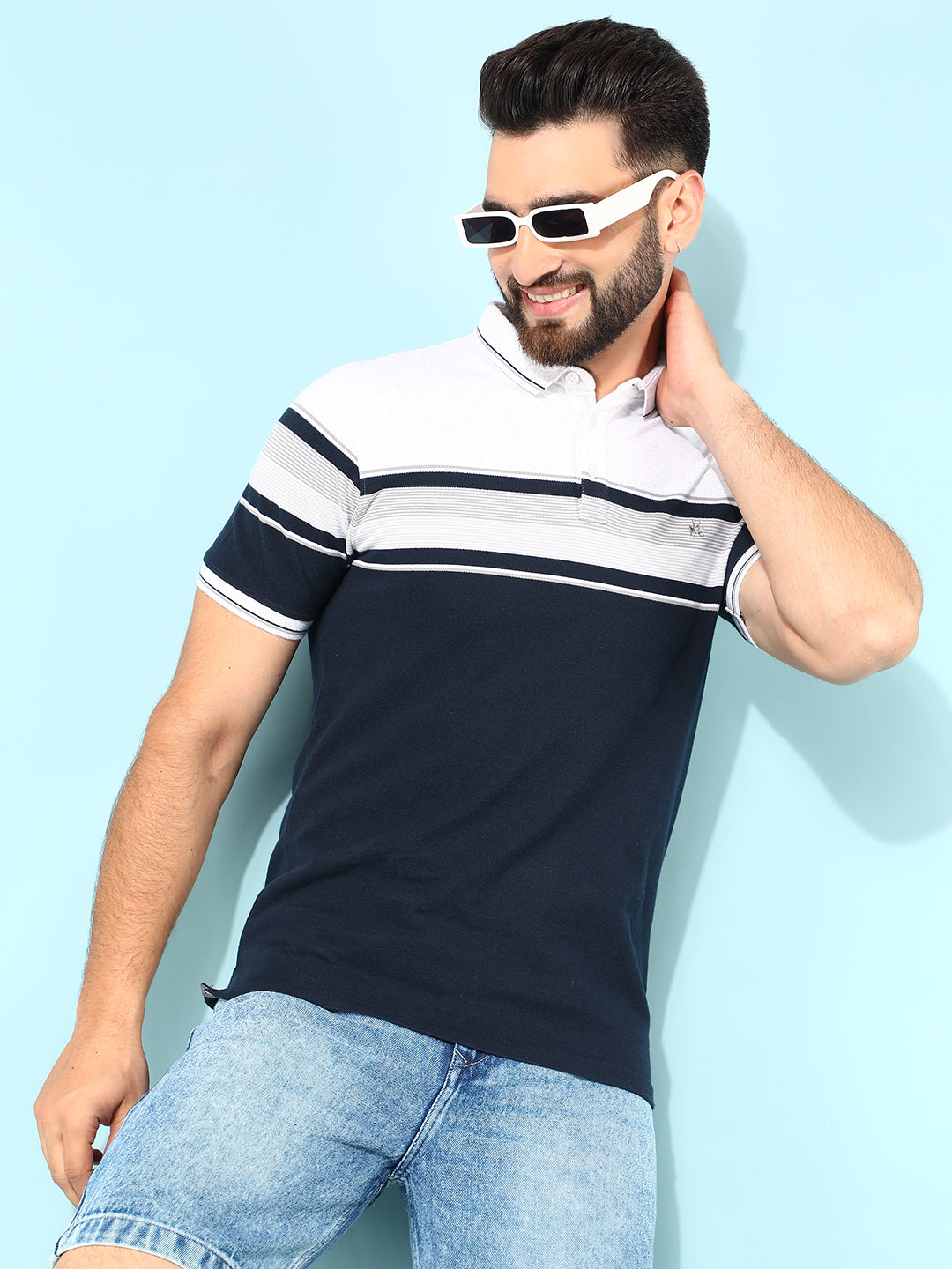 Navy Blue Horizontal Striped Polo T-Shirt-Men T-Shirts-Crimsoune Club