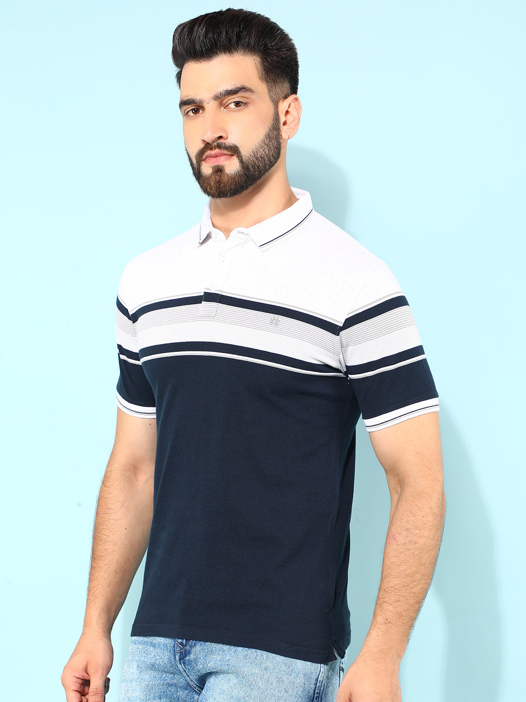 Navy Blue Horizontal Striped Polo T-Shirt-Men T-Shirts-Crimsoune Club