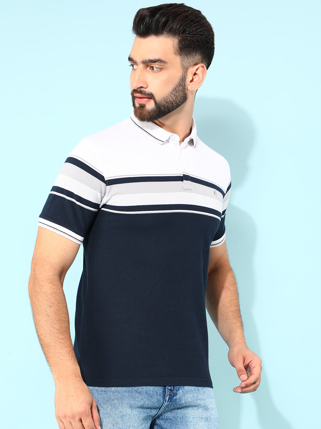 Navy Blue Horizontal Striped Polo T-Shirt-Men T-Shirts-Crimsoune Club