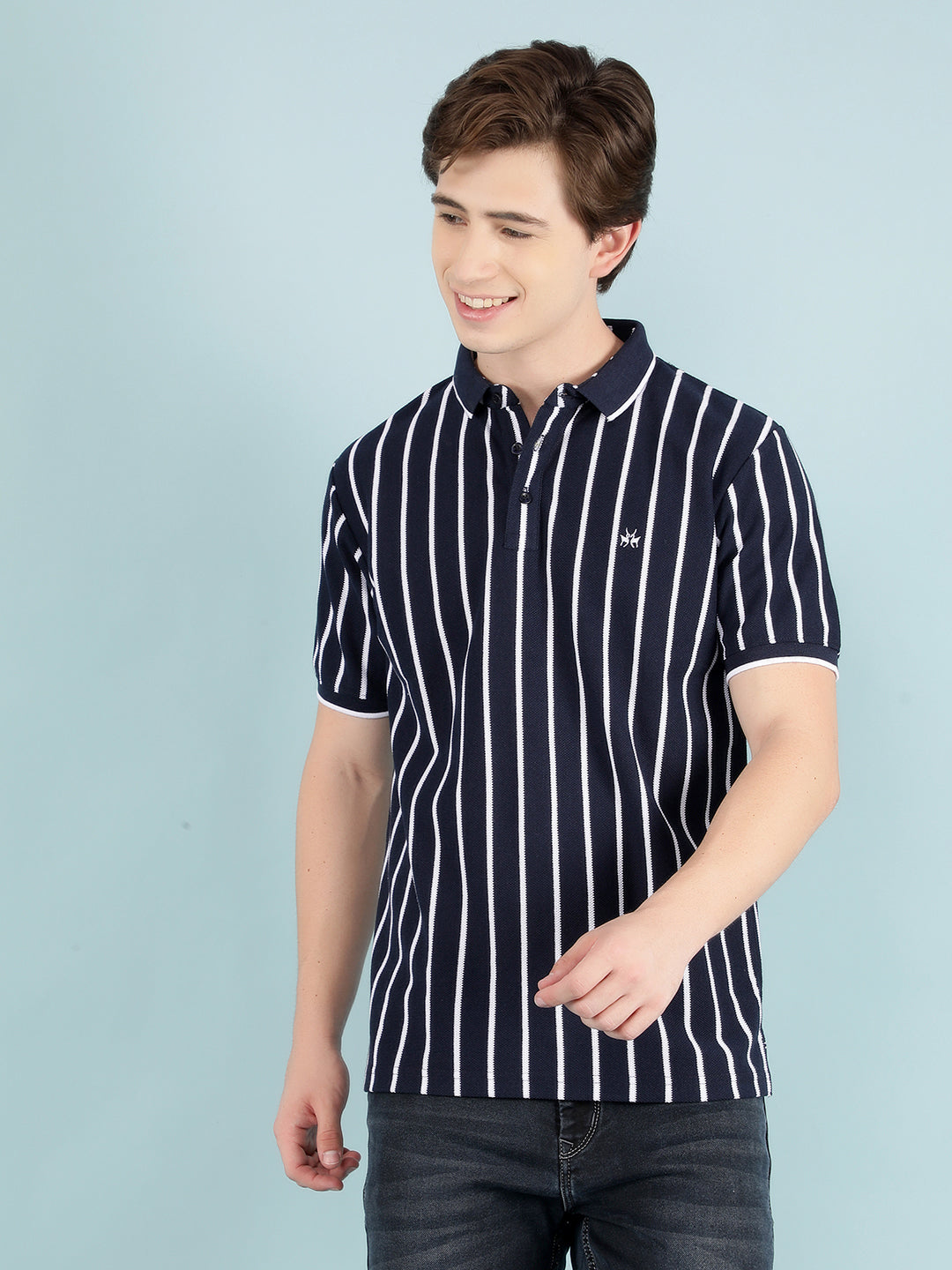 Navy Blue Vertical Striped T-Shirt-Men T-Shirts-Crimsoune Club