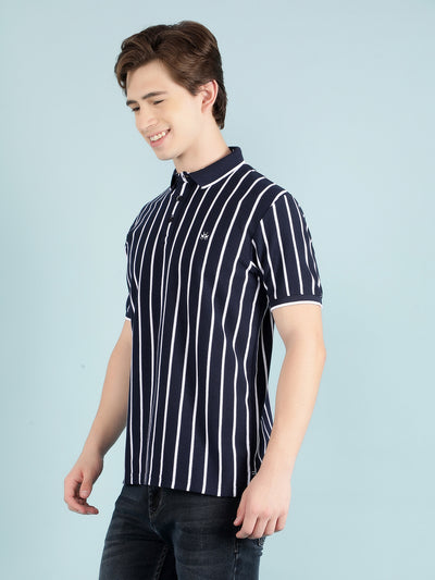 Navy Blue Vertical Striped T-Shirt-Men T-Shirts-Crimsoune Club