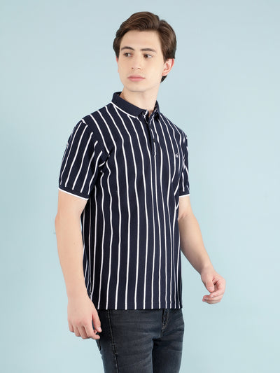 Navy Blue Vertical Striped T-Shirt-Men T-Shirts-Crimsoune Club