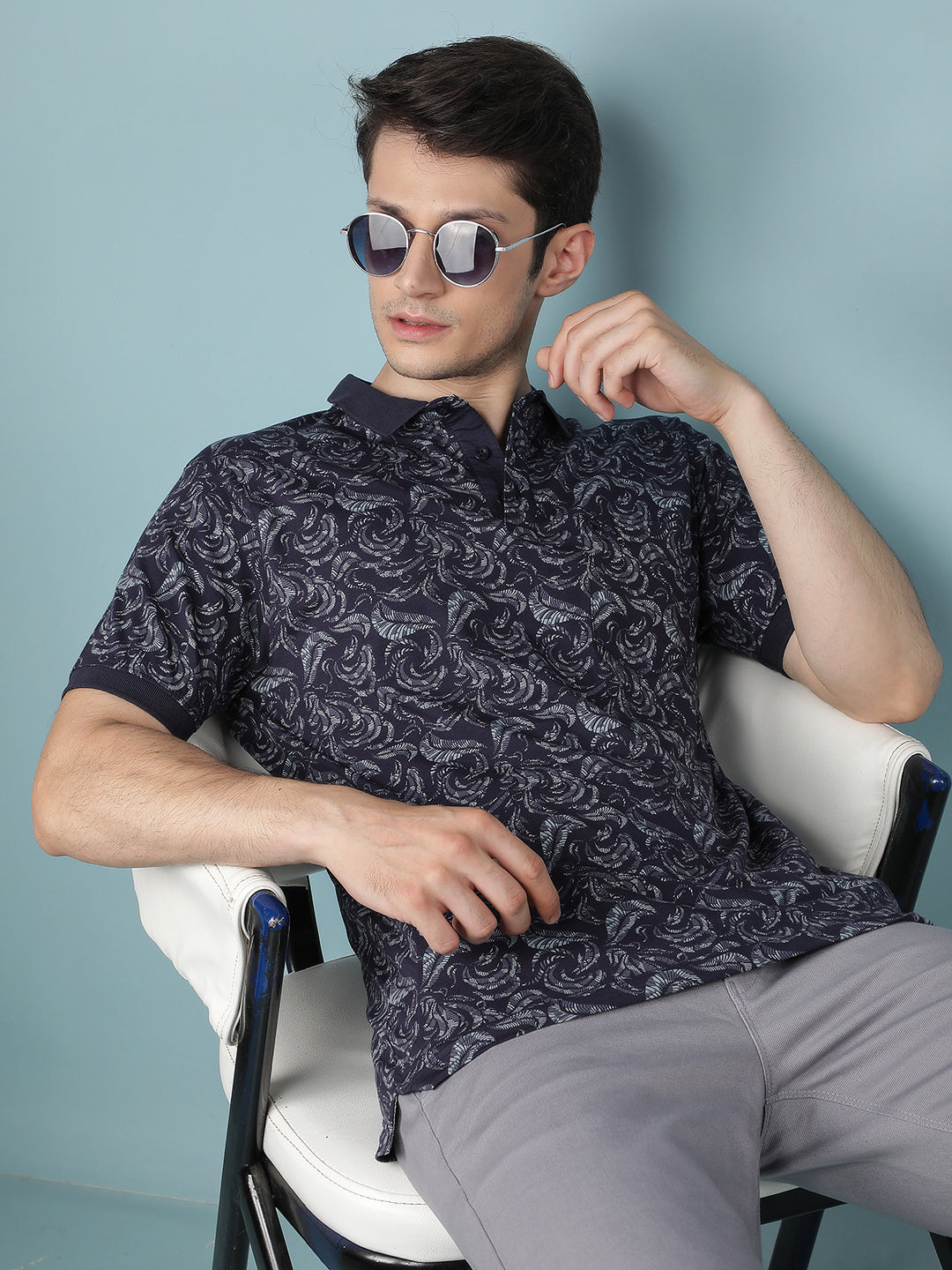 Navy Blue Floral Print Polo Neck T-Shirt-Men T-Shirts-Crimsoune Club