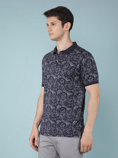 Navy Blue Floral Print Polo Neck T-Shirt-Men T-Shirts-Crimsoune Club