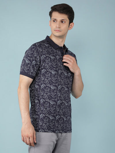 Navy Blue Floral Print Polo Neck T-Shirt-Men T-Shirts-Crimsoune Club