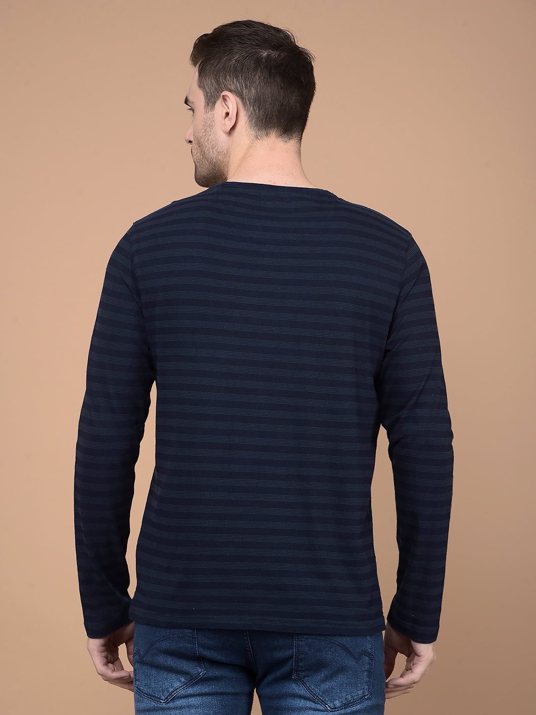 Navy Blue Horizontal Striped 100% Cotton T-Shirt