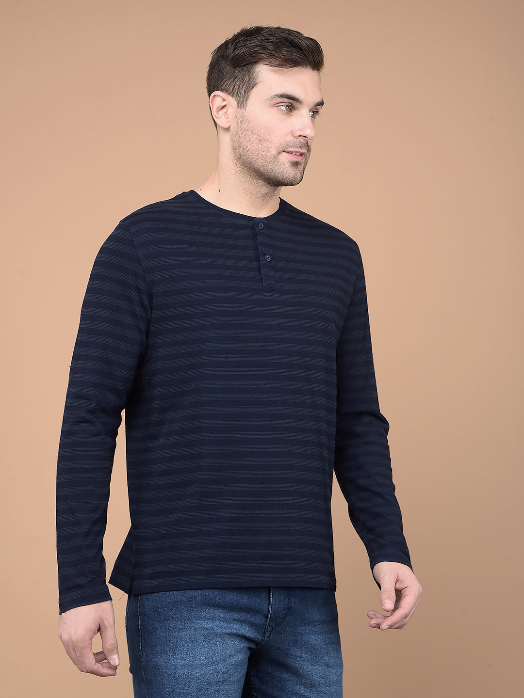 Navy Blue Horizontal Striped 100% Cotton T-Shirt