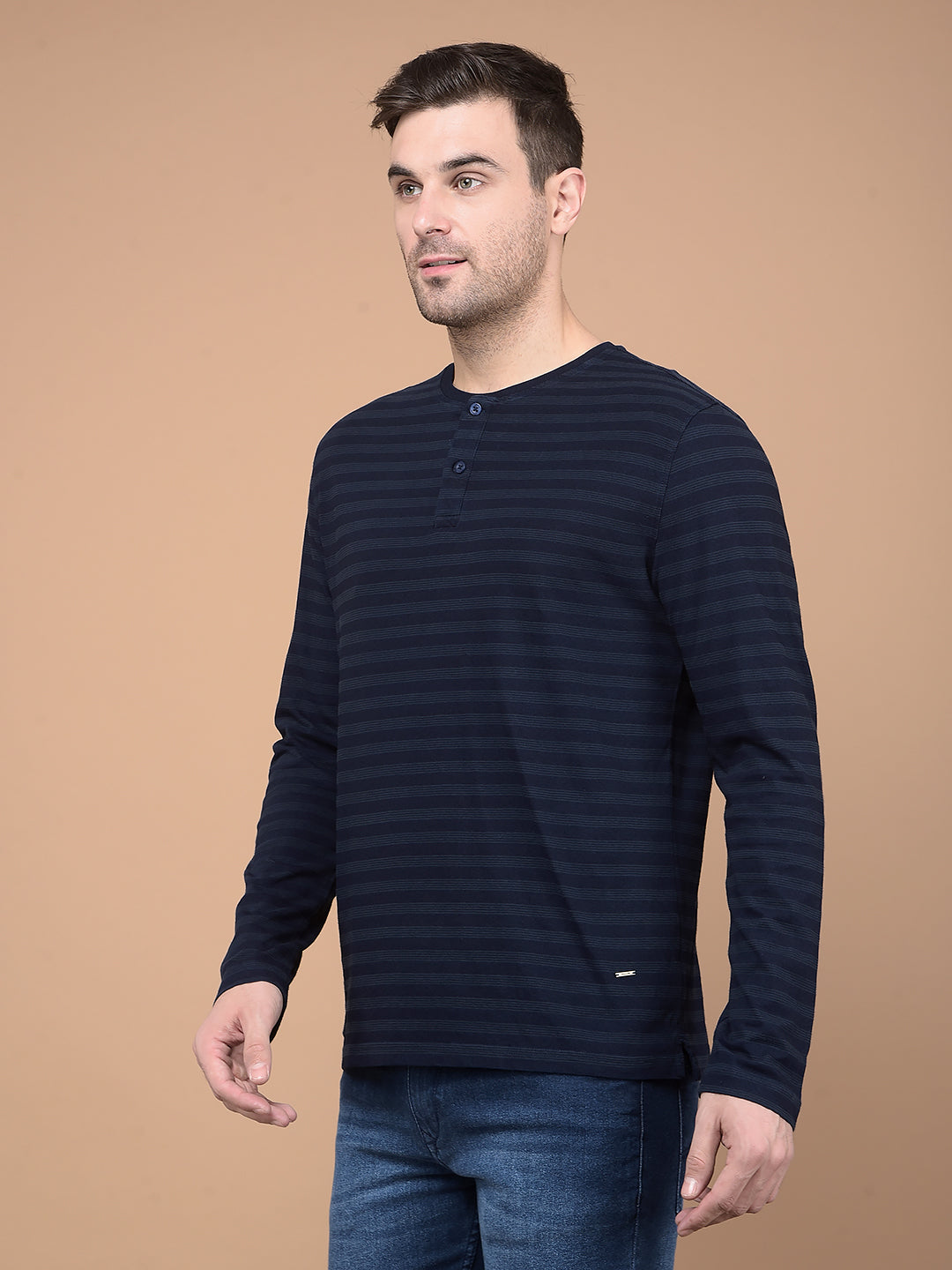 Navy Blue Horizontal Striped 100% Cotton T-Shirt