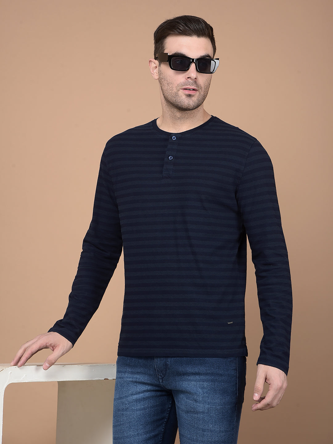 Navy Blue Horizontal Striped 100% Cotton T-Shirt