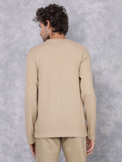 Khaki Jacquard Long Sleeves T-Shirt-Men T-Shirts-Crimsoune Club